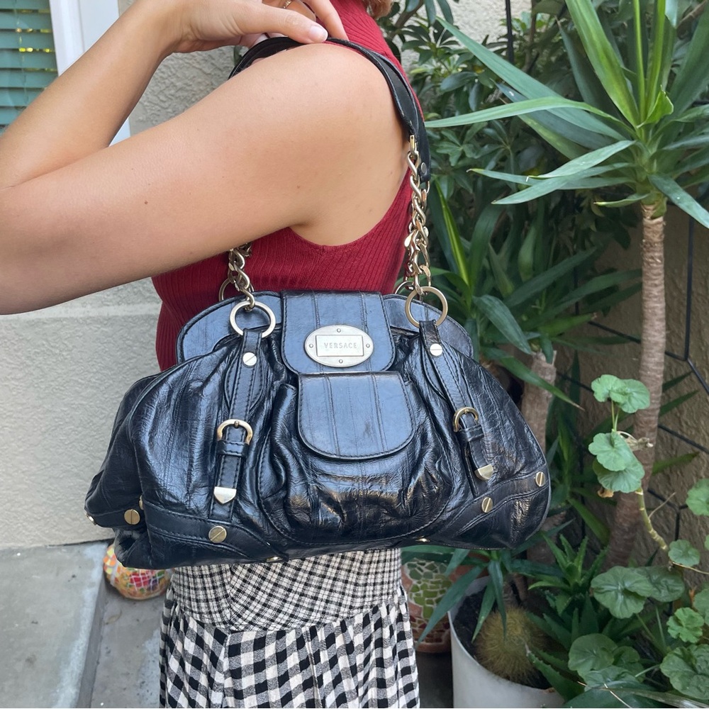 Vintage black/silver Versace eel skin/leather shoulder bag